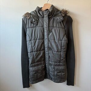 Say What Olive Green Knit Puffer Jacket with Faux Fur Hood